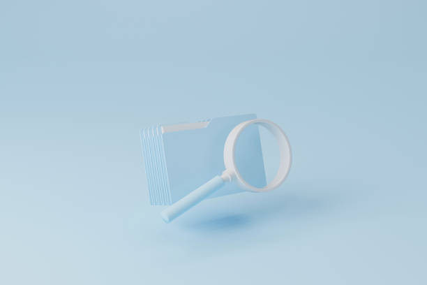 File folder and magnifying glass on light blue background. Searching information data on internet networking concept. 3d illustration