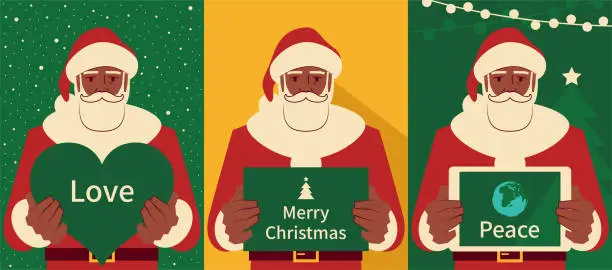 Vector illustration of Happy Santa Claus holding a Christmas greeting card and heart shape sign and digital tablet