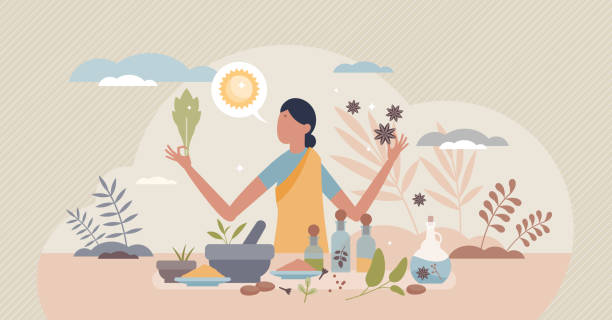 Ayurvedic medicine as alternative holistic body healing tiny person concept Ayurvedic medicine as alternative holistic body healing tiny person concept. Indian culture practice with herbs and spices eating for spiritual health, wellness and mindfulness vector illustration. ayurveda stock illustrations