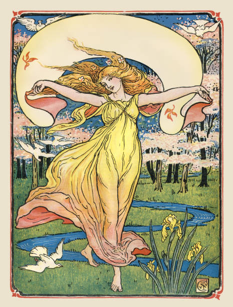 ilustrações de stock, clip art, desenhos animados e ícones de woman dancing in nature art nouveau 1897 - chromolithograph