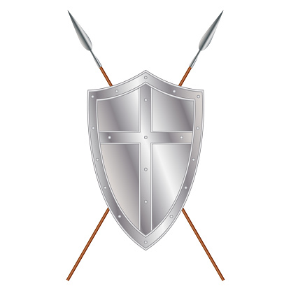 Iron medieval shield with cross and crossed spears, 3d vector illustration