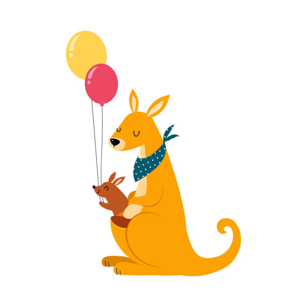 illustrations, cliparts, dessins animés et icônes de kangourou en tant qu’animal australien avec baby sitting dans une pochette et des ballons de maintien illustration vectorielle - wallaroo