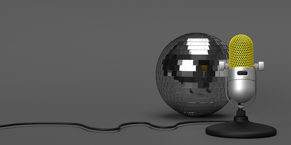 3D rendered disco ball. Mirror effect with square mosaics. Retro style shiny light reflector with large copy space for a party invitation. Glamorous 70th disco and nightclub fever.