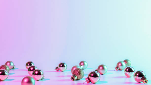 istock Christmas balls pattern neon background. Xmas bauble on abstract holiday winter gradient backdrop. Happy new year copy space. 1351215505