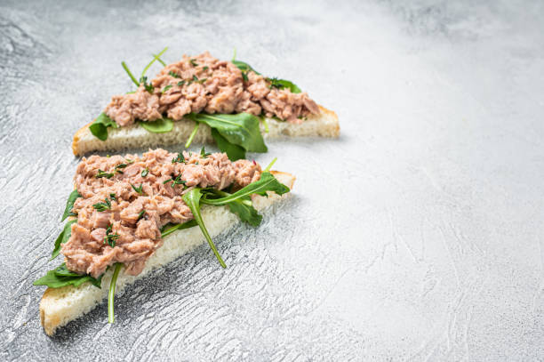 istock Toast with Canned Tuna fish and arugula. White background. Top view. Copy space 1351220289