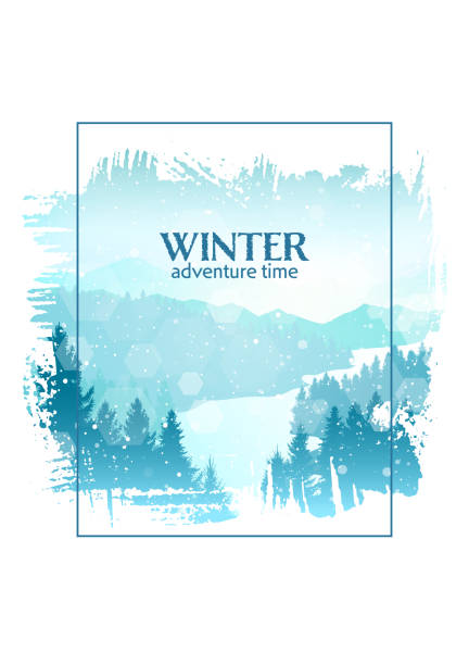зимний горный пейзаж. изолированные мазки кисти белой рамки. путешествуйте, открывайте, исследуйте, наблюдайте за природой. пеший туризм. п� - pine tree brush stroke winter snow stock illustrations