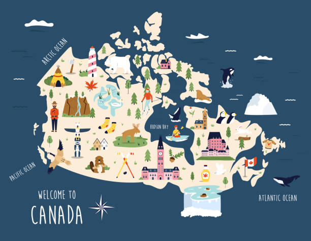 wektorowa ilustrowana mapa kanady ze słynnymi symbolami - canadian culture leaf symbol nature stock illustrations