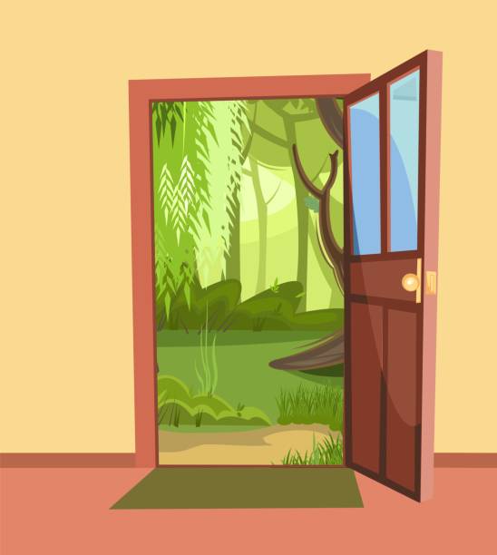 istock Opened door. From inside of room at home. Summer Pretty landscape view. Yellow wall. Way is open. Cartoon cute fairy tale design. Image background. Vector 1351220467