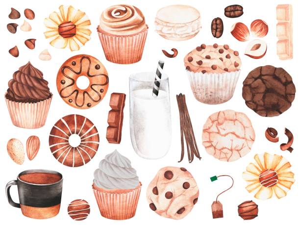 zestaw słodyczy. akwarelowa ilustracja vintage. izolowany na białym tle. dla twojego projektu. - cookie chocolate cake gourmet dessert stock illustrations