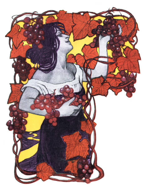 ilustrações de stock, clip art, desenhos animados e ícones de woman grape harvesting in autumn  art nouveau 1897 - women victorian style retro revival art nouveau