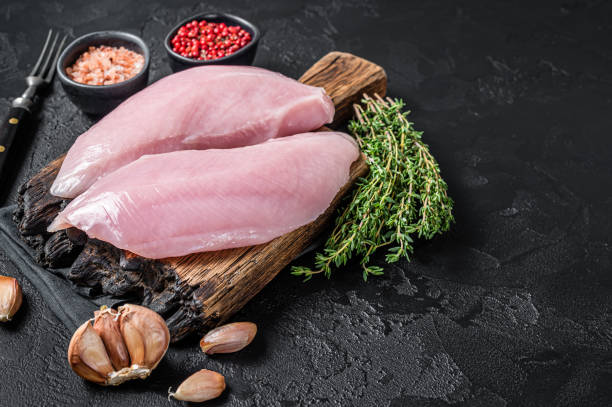 istock Uncooked Raw Turkey Breasts fillet steaks with herbs. Black background. Top view. Copy space 1351221541