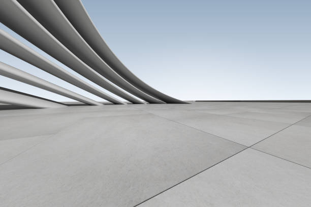 istock 3d render of futuristic abstract concrete architecture with car park, empty cement floor. 1351221633