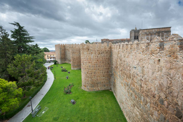 Walking around Avila defence walls at summer day