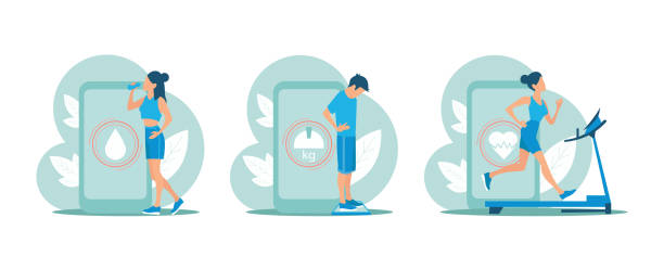 istock Vector of fitness people exercising using mobile phone app to keep control over water balance weight and heart beat 1351222818