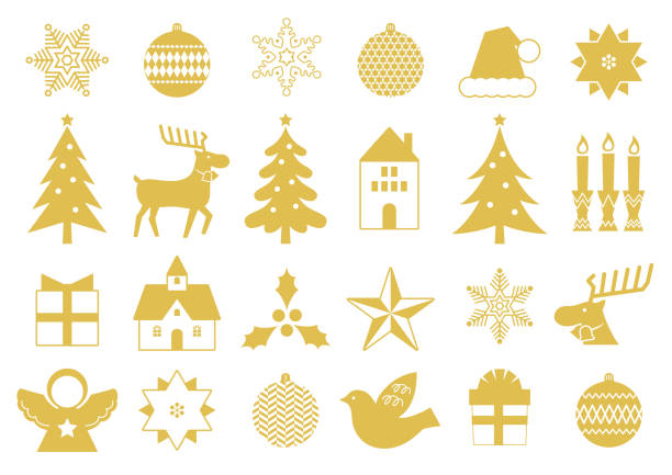 симпатичные рождественские плоские иконки набор - fashionable party design home decorating stock illustrations