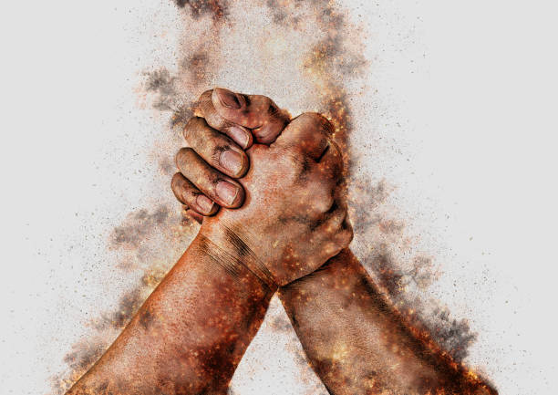 istock Illustration of confrontation with arm wrestling 1351225334