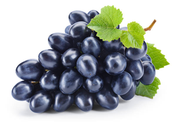 istock Dark blue grape isolated on white. Fresh black grape with leaves. Clipping path. Full depth of field. 1351225345