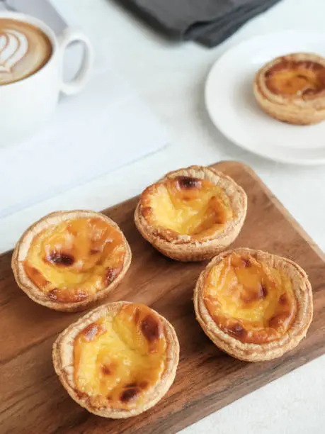 Portuguese eggtart or Egg tart, traditional Portuguese dessert. Blurred background and selective focus image.