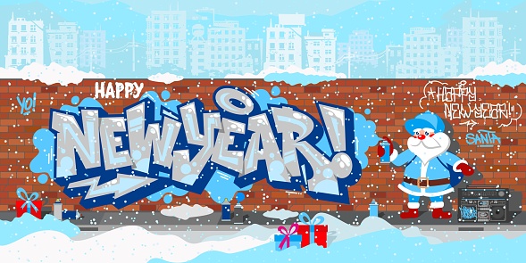 Cartoon Funny Hiphop Santa Claus Spraying Graffity Happy New Year Vector Illustration