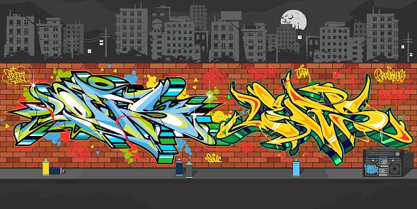 Outdoor Urban Graffiti Wall With Drawings At Night Against The Background Of The Cityscape Vector Illustration