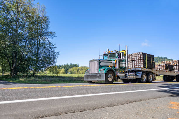 istock Classic compact powerful old style green big rig semi truck transporting fastened cargo on flat bed semi trailer running on the road at sunshine 1351228669