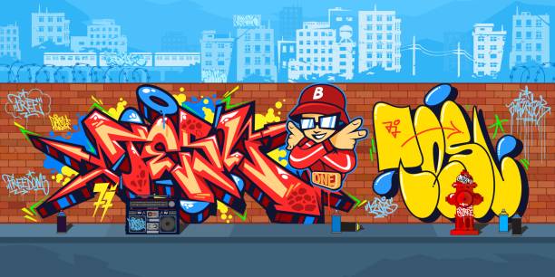 Colorful Outdoor Urban Streetart Graffiti Wall With Drawings Against The Background Of The Cityscape Vector Illustration Colorful Outdoor Urban Streetart Graffiti Wall With Drawings Against The Background Of The Cityscape Vector street art mural stock illustrations