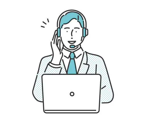 Vector illustration of Call center operator responding to customers via intercom.