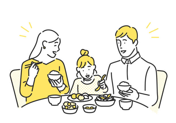 abendessen am tisch in einem familientreffen. - familie essen stock-grafiken, -clipart, -cartoons und -symbole