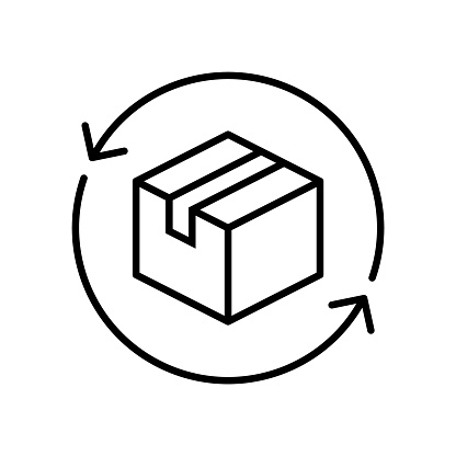 Package tracking sign. Parcel box inside circle arrow. Safe cargo shipping concept. Vector illustration, flat, clip art