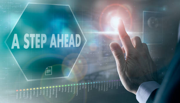 istock A businessman controlling a futuristic display with a A Step Ahead concept on it. 1351234162