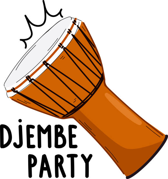 Djembe drum African musical instrument isolated sketch with hand-drawn lettering. Djembe drum African musical instrument isolated sketch with hand-drawn lettering. Vector rope-tuned and skin-covered goblet jembe cartoon of a african bongo drums stock illustrations