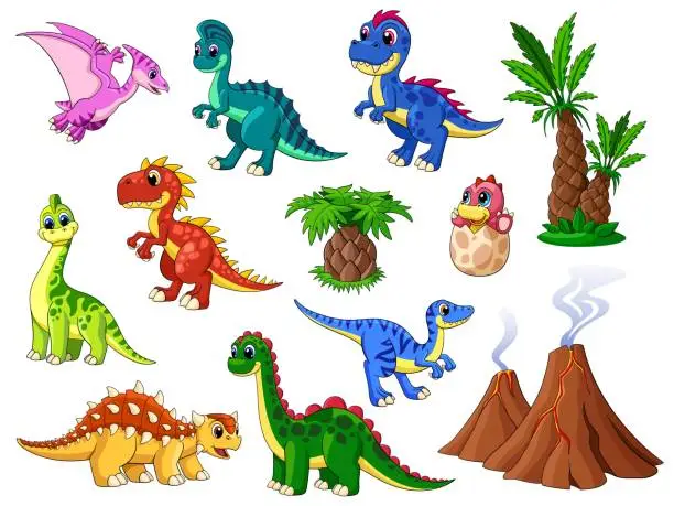Vector illustration of Funny dinosaurs. Cartoon dinosaur, cute dino collection. Palm tree, funny prehistoric animals. Childish beast, paleontology garish vector characters