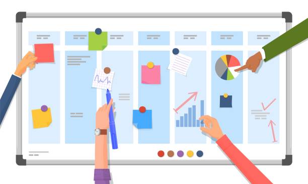 ilustrações de stock, clip art, desenhos animados e ícones de planning board. company work strategy, programming project plan. team make schedule, managers collaboration. discuss working week decent vector concept - quadro branco