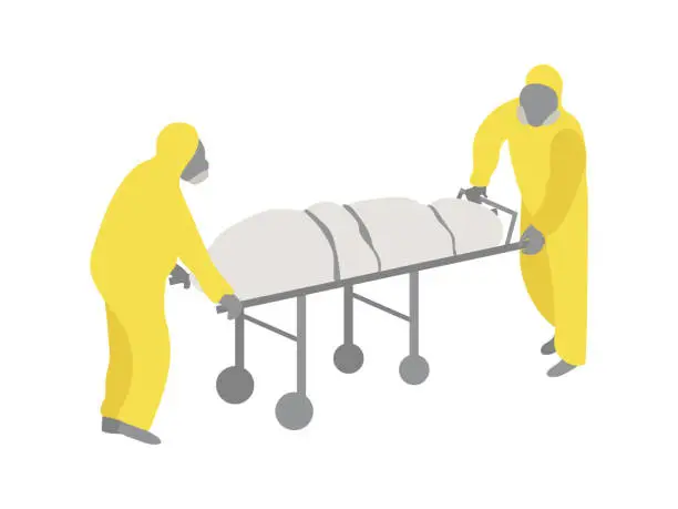 Vector illustration of People in yellow protective suits and black masks roll the corpse covered with a cloth on a trolley and take it to the morgue. Infection with the coronavirus virus is dangerous and deadly. Vector.