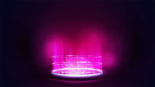 istock Digital hologram with particles, shiny rings and energy ball inside. Dark and pink digital scene 1351238057