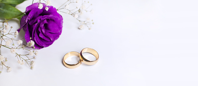 Purple flowers and two golden wedding rings on white background.