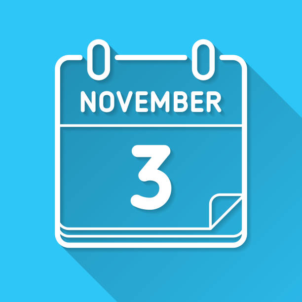 ilustraciones, imágenes clip art, dibujos animados e iconos de stock de 3 de noviembre. icono sobre fondo azul - diseño plano con sombra larga - calendar november month three dimensional shape