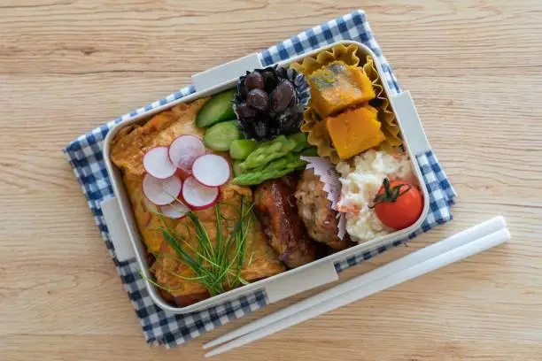 Bento is a packed meal, or a portable meal. Usually people make it in the morning at home and eat it at lunch time. This Bento is made up of several side dish items and main item, such as rice omelet and Grilled chicken