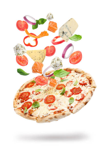 istock Delicious pizza with flying ingredients on white background 1351243003