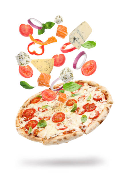 pyszna pizza z latającymi składnikami na białym tle - foods and drinks isolated on white basil cooked zdjęcia i obrazy z banku zdjęć