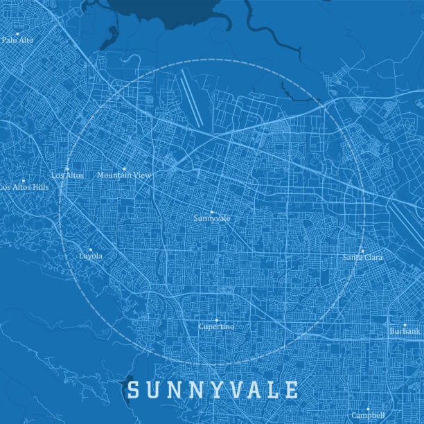 illustrazioni stock, clip art, cartoni animati e icone di tendenza di sunnyvale ca city vector road map testo blu - silicon valley