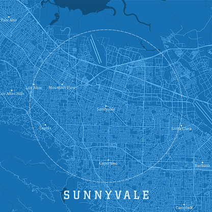 Sunnyvale CA City Vector Road Map Blue Text. All source data is in the public domain. U.S. Census Bureau Census Tiger. Used Layers: areawater, linearwater, roads.