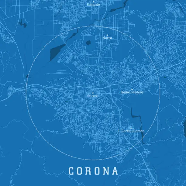 Vector illustration of Corona CA City Vector Road Map Blue Text