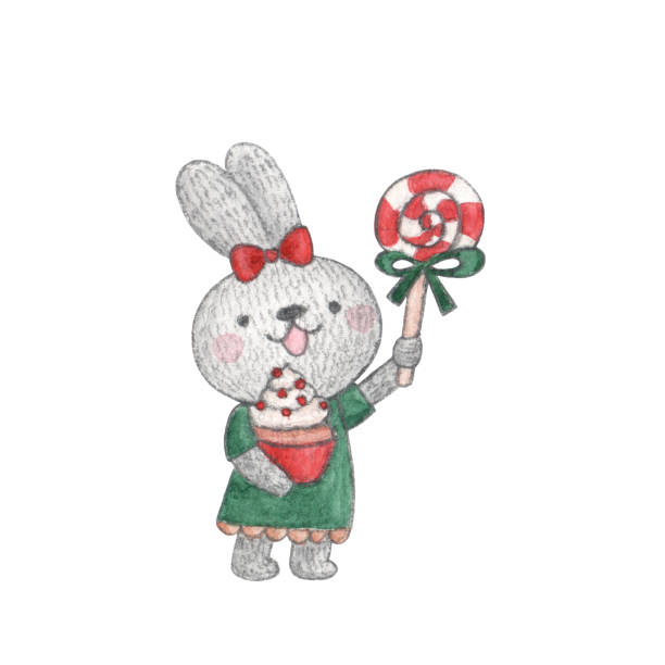 istock Watercolor character - cute bunny with holiday candy and cake in her hands. Christmas illustration isolated on a white background. 1351243848