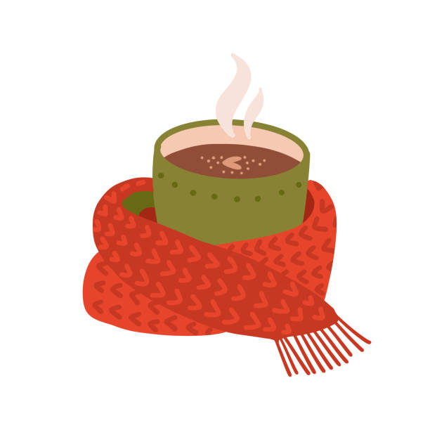 Hot coffee in green mug. Cup of sweet winter beverage swathed in red knitted scarf. Winter clipart for Christmas card. Vector flat hand drawn Illustration Hot coffee in green mug. Cup of sweet winter beverage swathed in red knitted scarf. Winter clipart for Christmas card. Vector flat hand drawn Illustration. winter cloth pictures stock illustrations