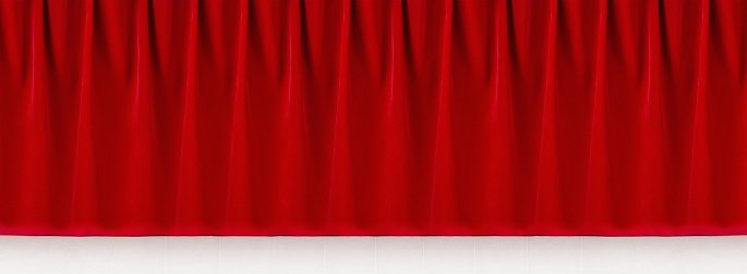 Rich classic abstract theatre scene with red silk curtains with smooth waves and white wood floor as banner for website. Empty stage background for design of header, showing, presentation of produce.