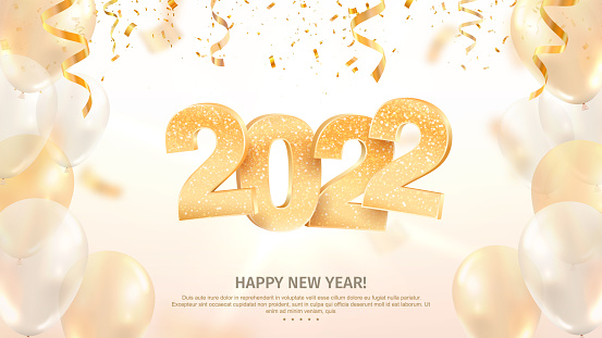 2022 Happy new year celebration vector illustration. Golden Christmas numbers on light background with confetti and balloons.
