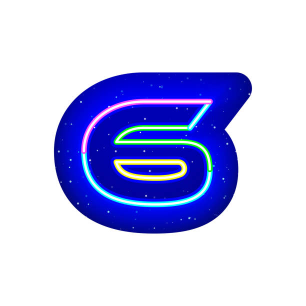 ilustrações, clipart, desenhos animados e ícones de colorido neon brilhante número 6 no espaço. números tecnológicos realistas de neon. - number 3 number typewriter key typewriter