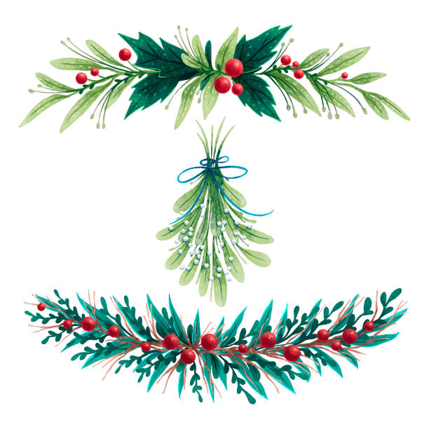 illustrazioni stock, clip art, cartoni animati e icone di tendenza di set di illustrazioni foglie di capodanno e ghirlande di vischio per natale - mistletoe christmas vector party