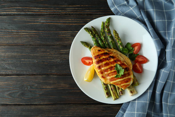 istock Plate with grilled chicken and ingredient on wooden background 1351251084